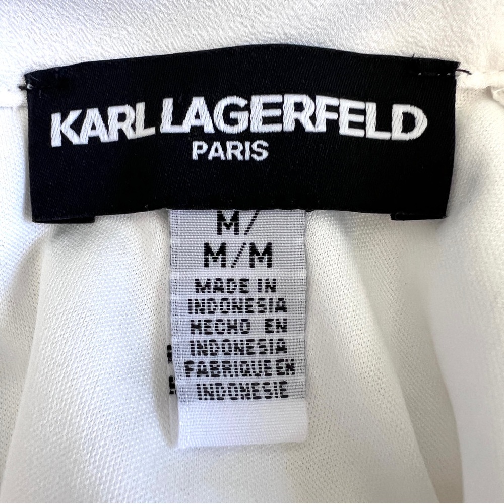 KARL LAGERFELD Peter Pan Collar Black Tie Short Sleeve Lace Top Blouse White M - Picture 15 of 17